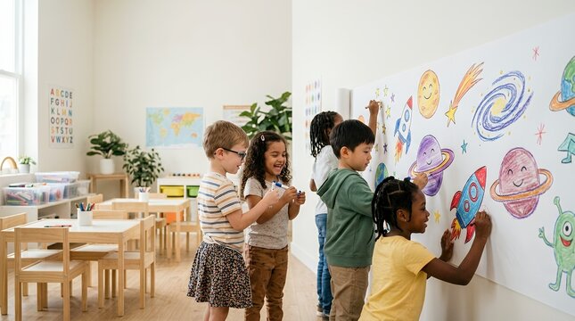 Diverse group of young children drawing space illustrations on a large wall mural in a bright classroom.