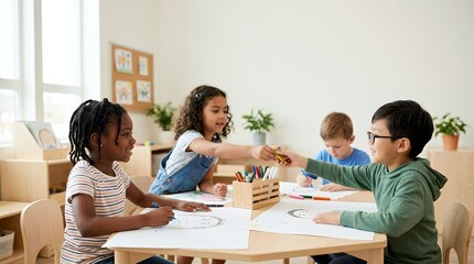 Obraz premium Diverse group of young children sitting at a table in a classroom drawing pictures together.