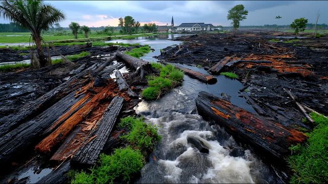 Aerial view of a river choked with burnt timber and debris flowing through a flooded landscape.