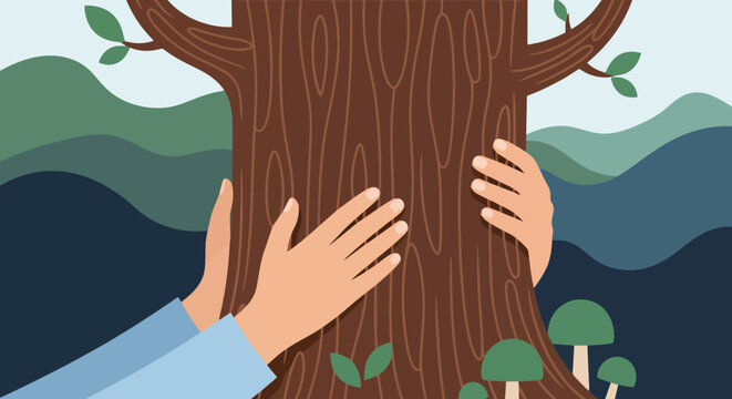 Hands embracing a large tree trunk, symbolizing environmental protection and connection with nature.