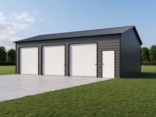 Obraz premium Dark Gray Metal Garage with Three White Doors on Concrete Driveway