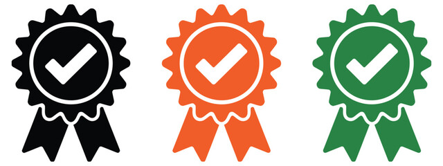 premium quality seal icons with certified award medals, checkmark trust badges, product verification, brand credibility and customer assurance vector illustration. © 000. Mizu
