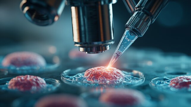 Microscope and pipette over petri dish with embryo like cells, symbolizing ivf, fertility, clinic, research, assisted reproduction, and precise laboratory care.