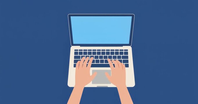Working on laptop, hands typing on keyboard, top view on blue background