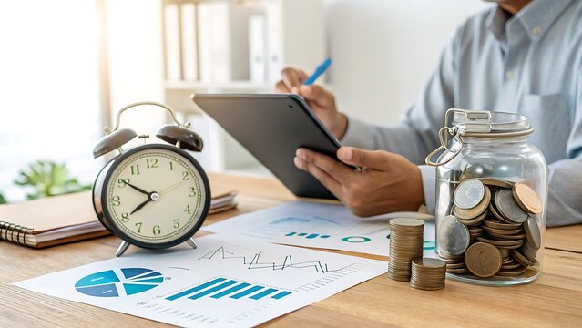 Financial analyst working with tablet. Professional accountant managing budget and savings.
