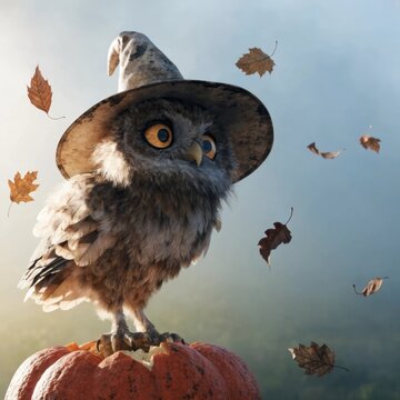 Adorable owl wearing a wizard hat sitting atop a pumpkin amidst falling leaves