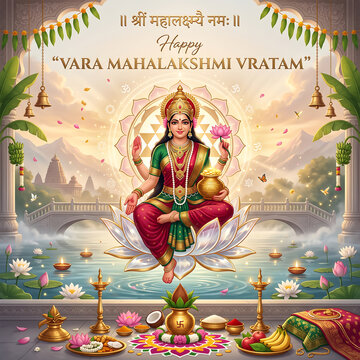Elegant divine figure celebrating traditional festival with sacred offerings with depicts gracefully adorned deity seated lotus golden hued sacred setting
