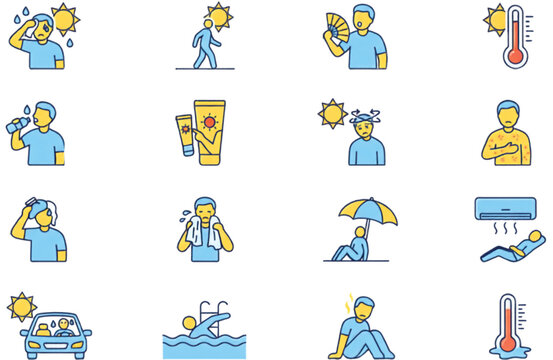 People demonstrating hot weather safety tips including drinking water sunscreen cooling indoors swimming and heatwave awareness vector illustration
