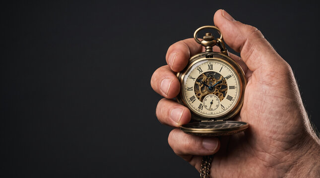 Hand holding antique pocket watch with intricate mechanical movement visible
