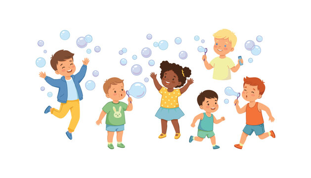 Cute happy children blowing and catching soap bubbles cartoon vector illustration set isolated on white background
