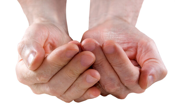 Hands are held together in a clenching motion showing fingers interlocked and palms pressed isolated on transparent background, PNG file