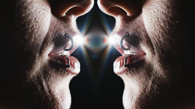 Mirrored close up of a person's mouth with lip and septum piercings.