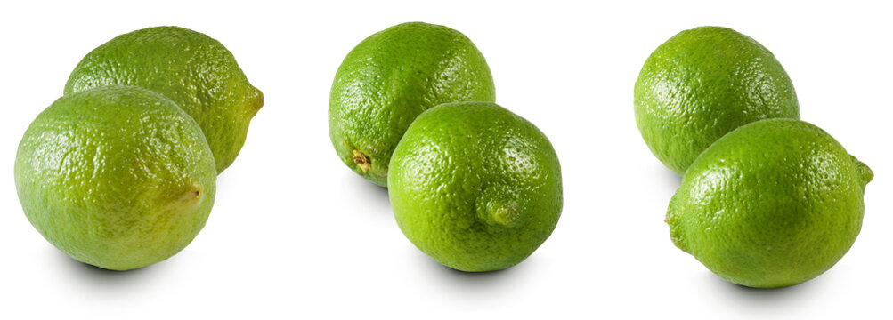 Fresh limes arranged in groups on a white background ready for cooking or garnishing drinks isolated on transparent background, PNG file