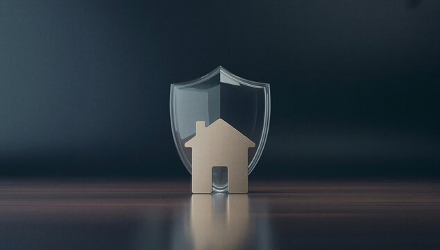 House icon in front of a shield symbolizes home warranty, property protection, and secure house coverage.