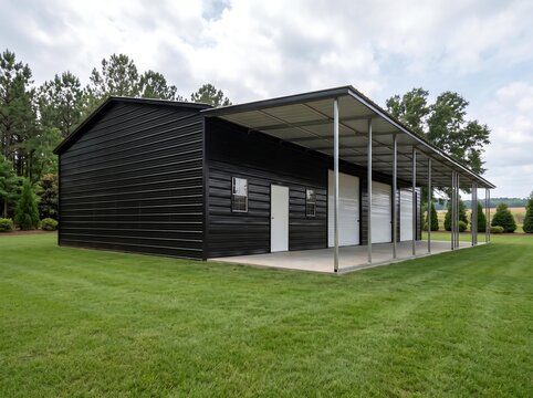 Black Metal Building with Long Covered Lean-To in Green Rural Field