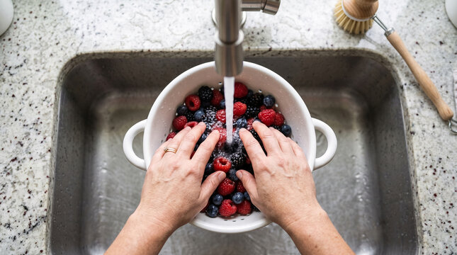 Hands washing fresh berries in a kitchen sink with running water