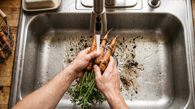 Person washing dirty carrots in kitchen sink under running water