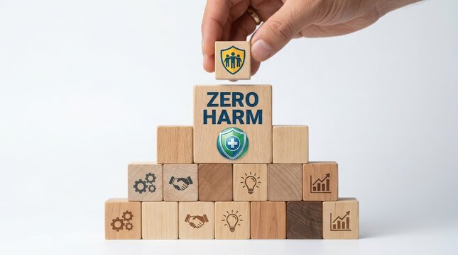 Stack of cardboard boxes with zero harm safety badge on top