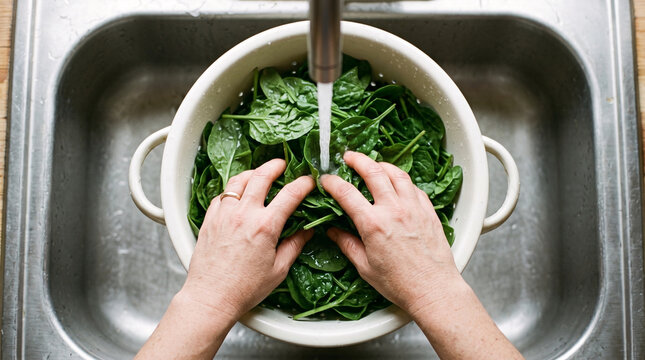 Hands washing fresh spinach in colander in kitchen sink