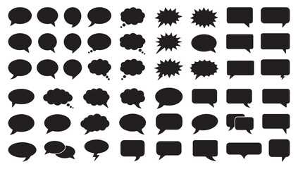 Collection of various black speech bubbles and thought clouds in different shapes for comic book design and social media chat messages © Nafish