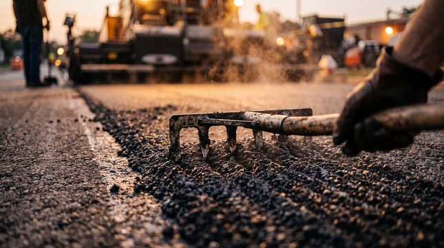 Road construction worker using rake on hot asphalt pavement at sunset