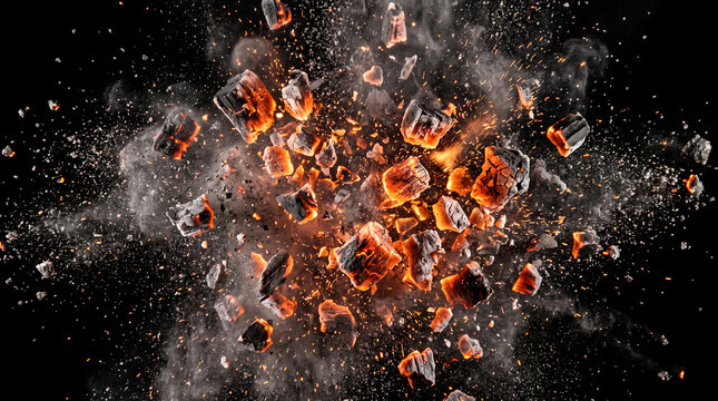 Exploding hot coals and embers with smoke against a dark background