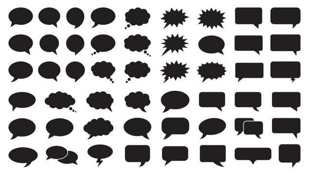 Collection of various black speech bubbles and thought clouds in different shapes for comic book design and social media chat messages