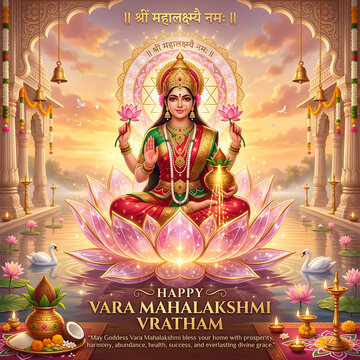 Divine goddess seated gracefully on lotus blossom with blessings and prosperity symbols in sacred temple setting with seated cross legged expansive lotus flower within grand