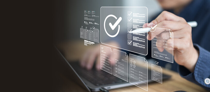 Corporate overseeing digital document management ensuring strict compliance during routine workflow inspecting detailed checklist needing final approval.