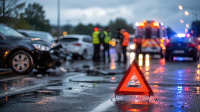 Car accident road crash emergency services ambulance police vehicle collision traffic safety warning triangle scene blurred city response