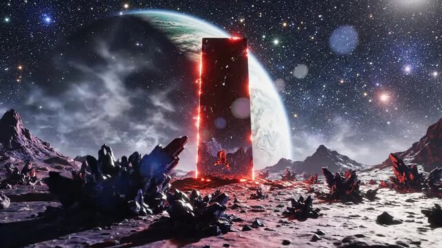 Mysterious glowing monolith on alien planet surface with starry sky