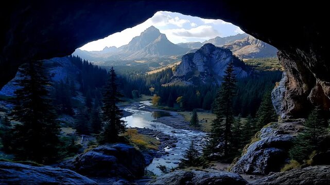 A view from inside a dark cave looking out onto a vibrant mountain valley with a winding river and tall pine trees.