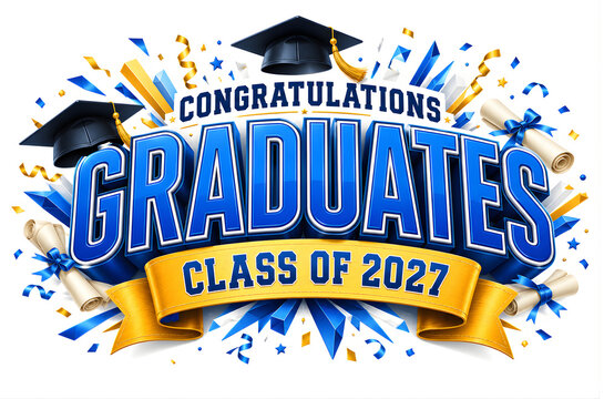 Congratulations graduates class of 2027 banner with blue 3d text and graduation caps and scrolls
