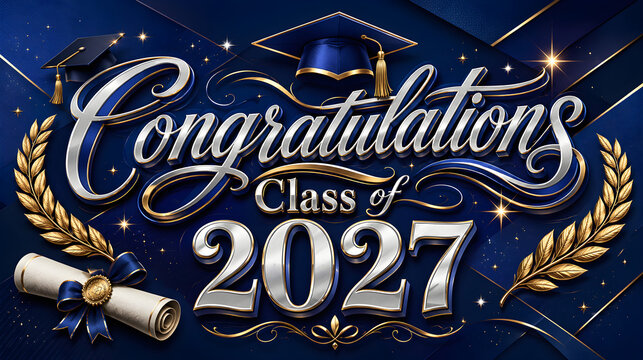 Elegant congratulations class of 2027 typography with golden laurel wreath and graduation cap