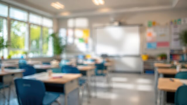 Blurred classroom interior elementary school education learning room desks chairs whiteboard academic background student study environment