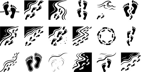 Obraz premium Beach Footprints Icon Set with Barefoot Tracks, Sandy Shorelines, Ocean Waves and Coastal Walking Paths