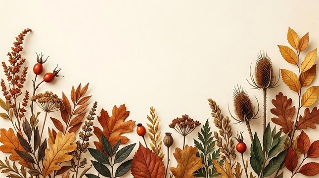 Autumn leaves and dried thistle corner border on white.