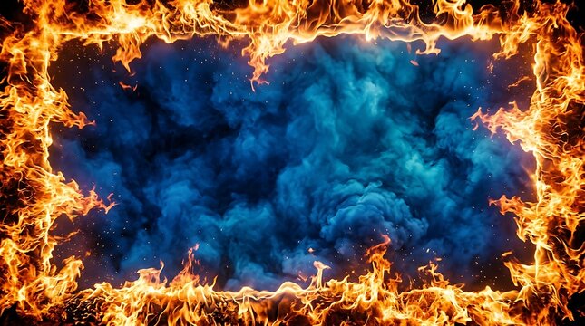 Vivid cosmic nebula with fiery orange flames surrounding a deep blue interstellar cloud in outer space