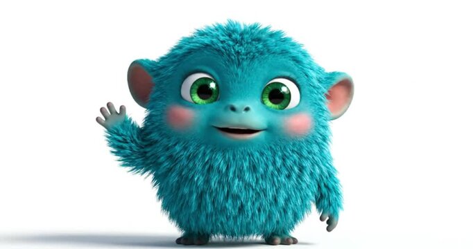 Adorable fluffy blue monster character with large green eyes cute creature
