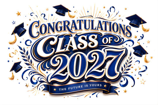 Elegant congratulations class of 2027 sign with blue and gold lettering and graduation cap icons