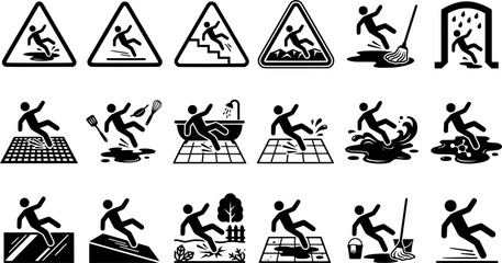Obraz premium Slippery Floor and Wet Surface Warning Sign Icon Set with Slip, Fall, Spill and Stair Hazard Symbols