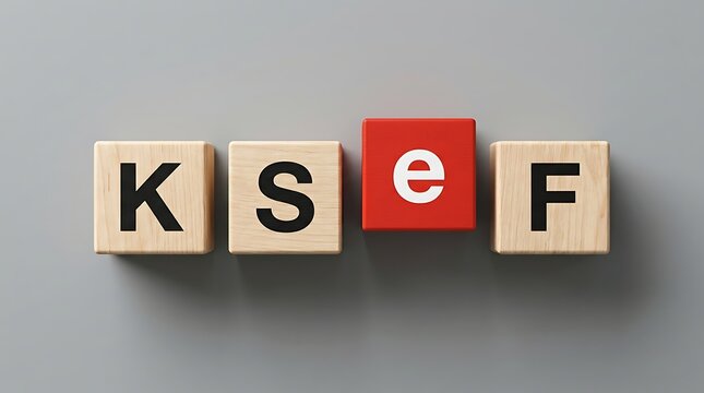 Wooden blocks spelling KSEF with red e, representing financial growth and investment concepts on a gray background
