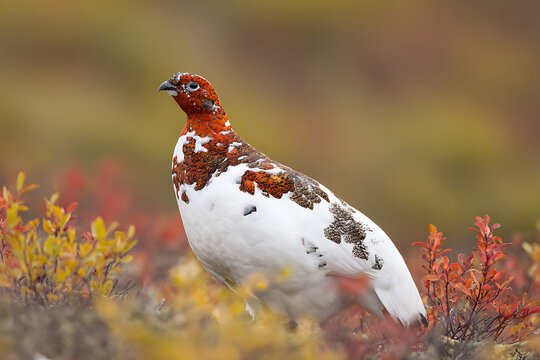 A Rock Ptarmigan Bird Standing in Autumn Tundra with Colorful Foliage.