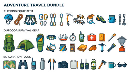 Obraz premium Adventure Travel Equipment and Outdoor Survival Gear Icon Set for Wilderness Exploration