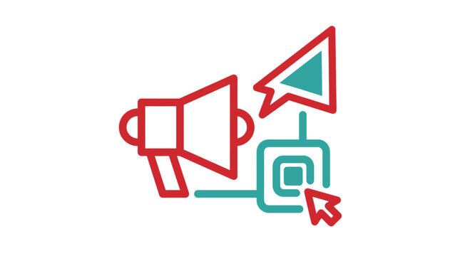Digital marketing and advertising icon with megaphone, target, and cursors representing online promotion and engagement.