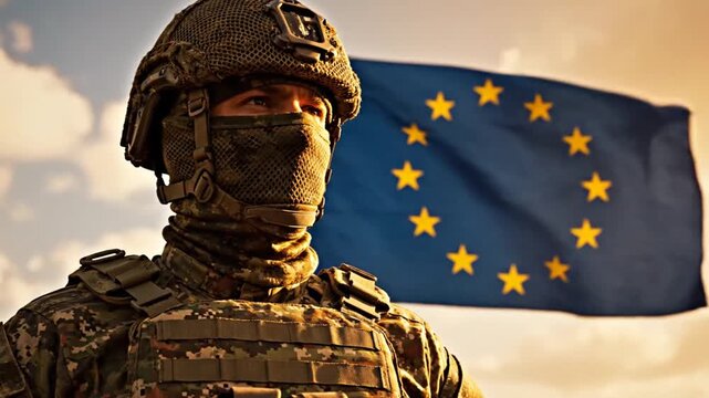 Soldier in camouflage uniform and helmet stands against European Union flag