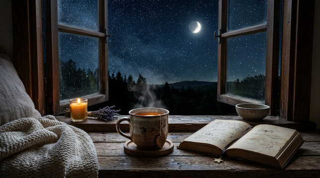Steaming tea cup and open book by window under moonlight