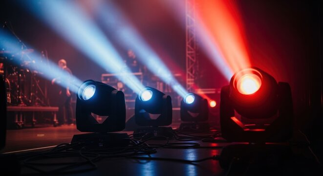Low light environment with movinghead lights shifting focus and colors capturing the dynamic setup phase of professional concert lighting.