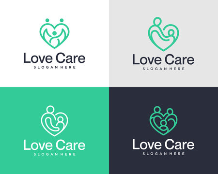 Love Care Family Logo Design, Community Support and Child Protection Concept, Heart Shape with Human Figures Icon, Welfare Vector.