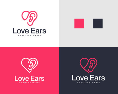Pink Love Ears Logo Design, Hearing Health and Audiologist Service Icon, Abstract Heart and Ear Symbol, Medical Clinic Branding Vector.